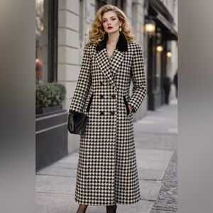 1980s Houndstooth wool coat velvet collar shoulder pads